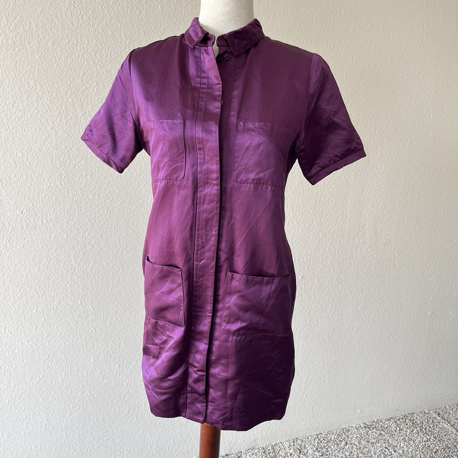 Cynthia Rowley Burgundy 100% Silk Satin Mini Dress Button Front